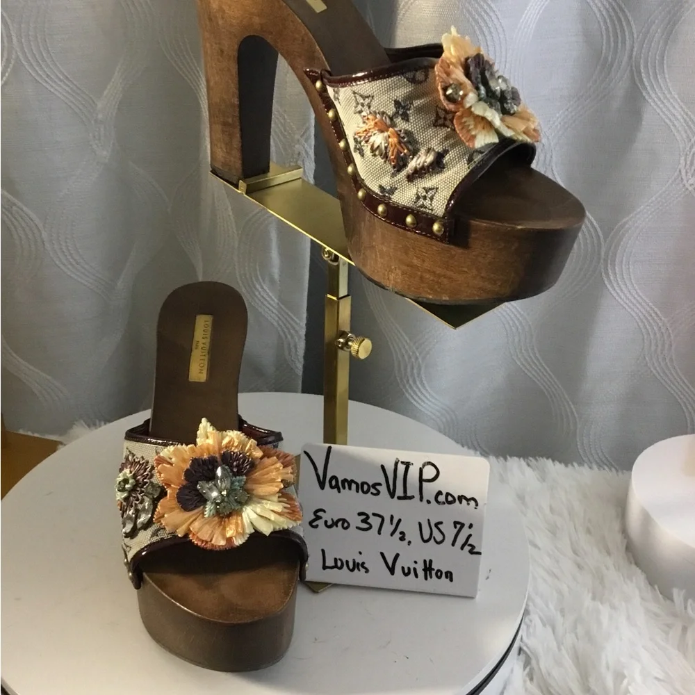 Louis Vuitton Monogram Brown and Cream Floral Platform Mules